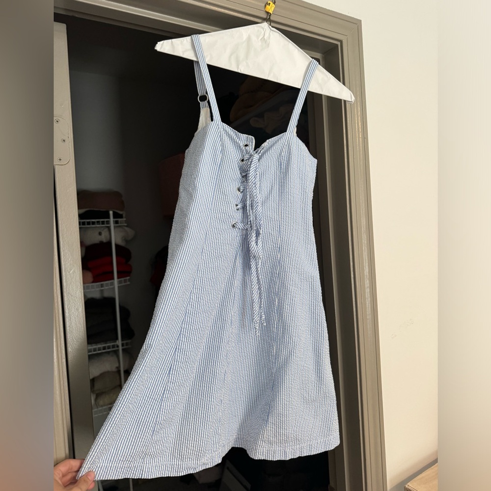 Staud XS blue and white sear sucker short strappy dress